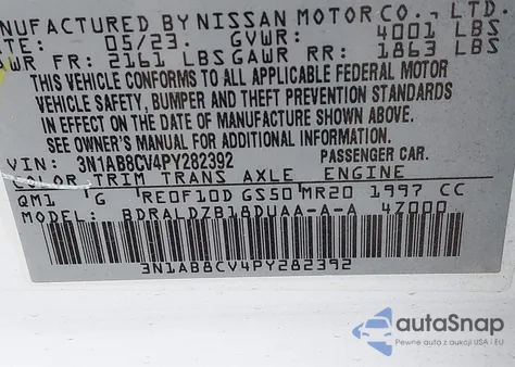 2023 Nissan Sentra Sv Xtronic Cvt z USA, uszkodzony, nr VIN 3N1AB8CV4PY282392